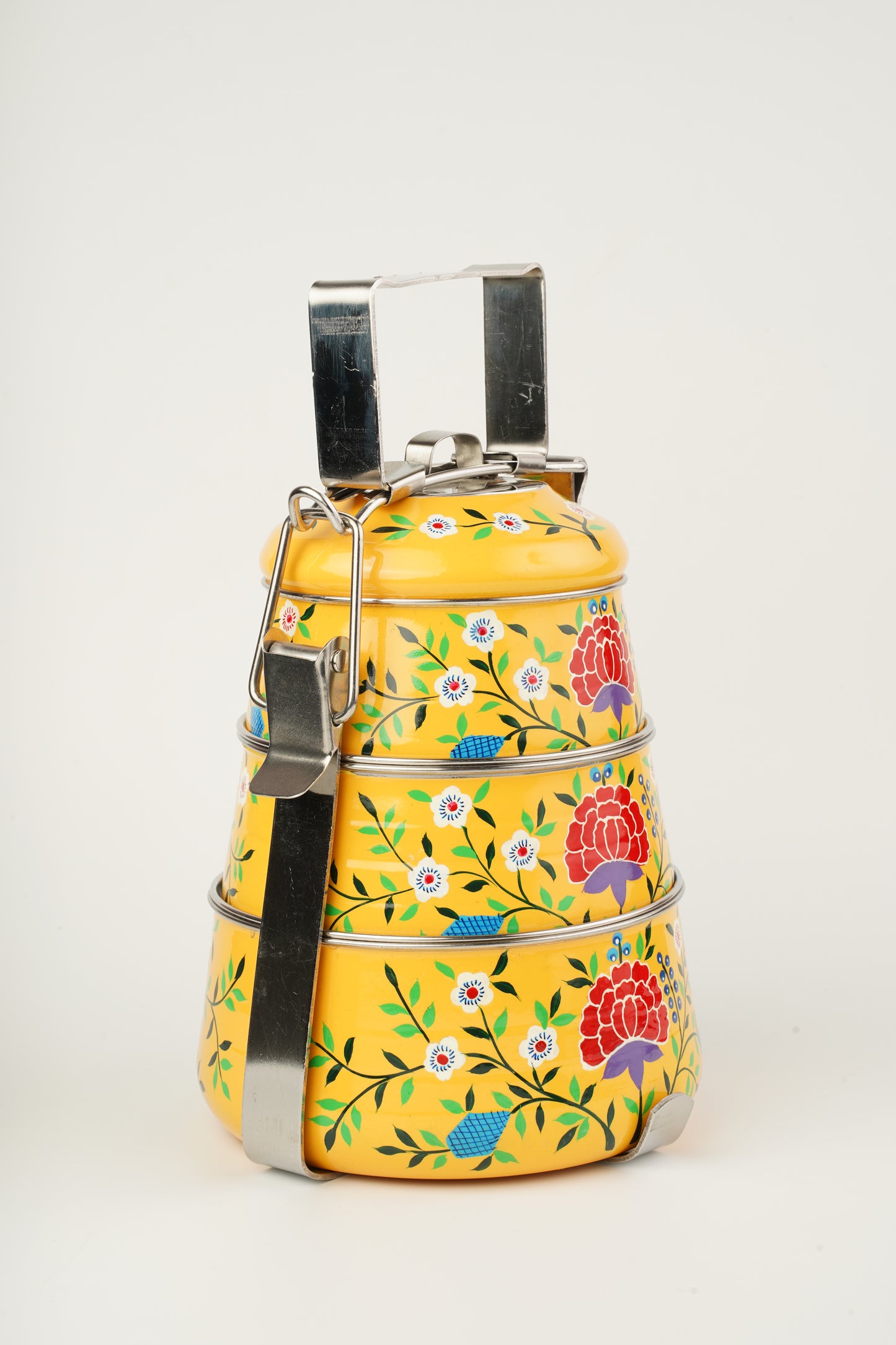 Yellow hand painted 3 Tier Stainless Steel Tiffin