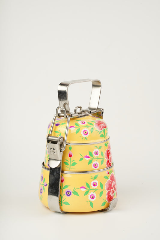 Peach Yellow hand painted 2 Tier Stainless Steel Tiffin