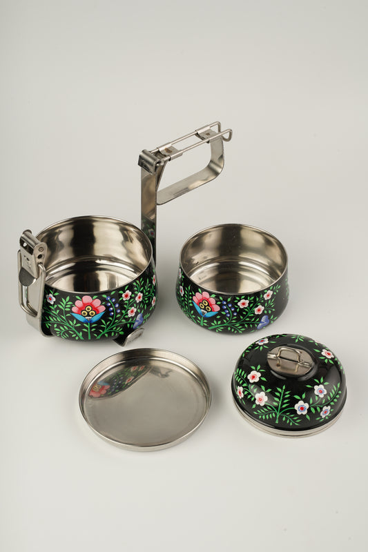 Black hand painted 2 Tier Stainless Steel Tiffin