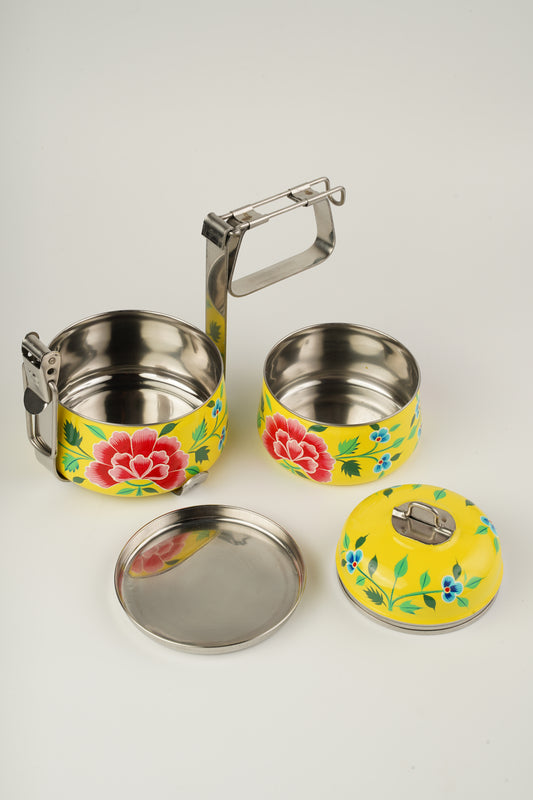 Yellow hand painted 2 Tier Stainless Steel Tiffin