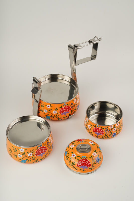Orange hand painted 3 Tier Stainless Steel Tiffin