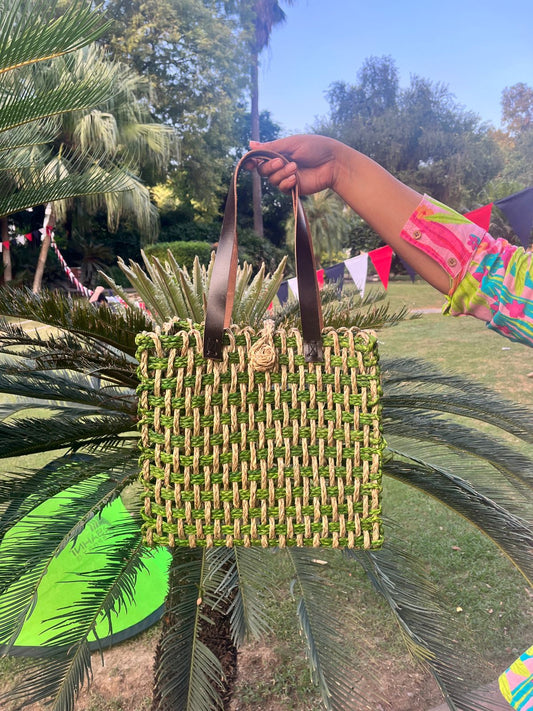 Handmade Sabai Grass Mesh Bag - Green and Natural
