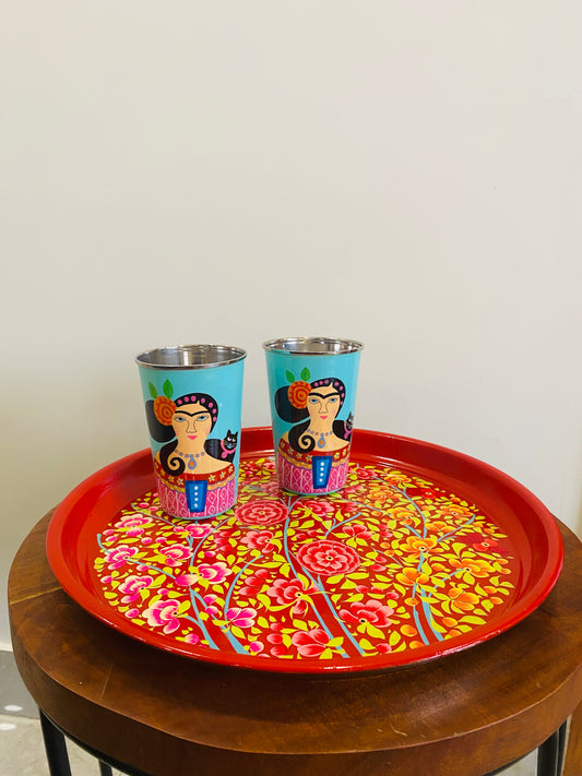 Aqua Frida Glasses set of 2 & Red Tray Combo