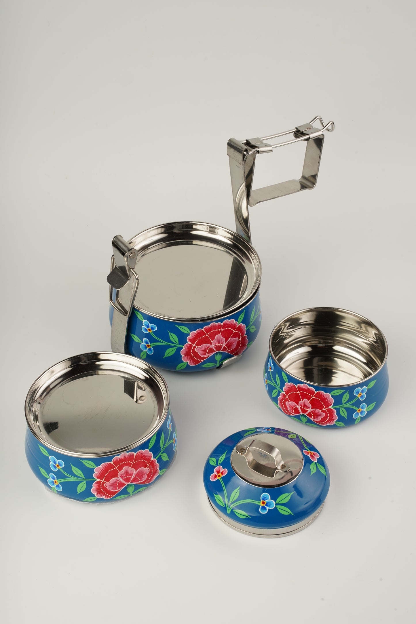 Blue hand painted 3 Tier Stainless Steel Tiffin