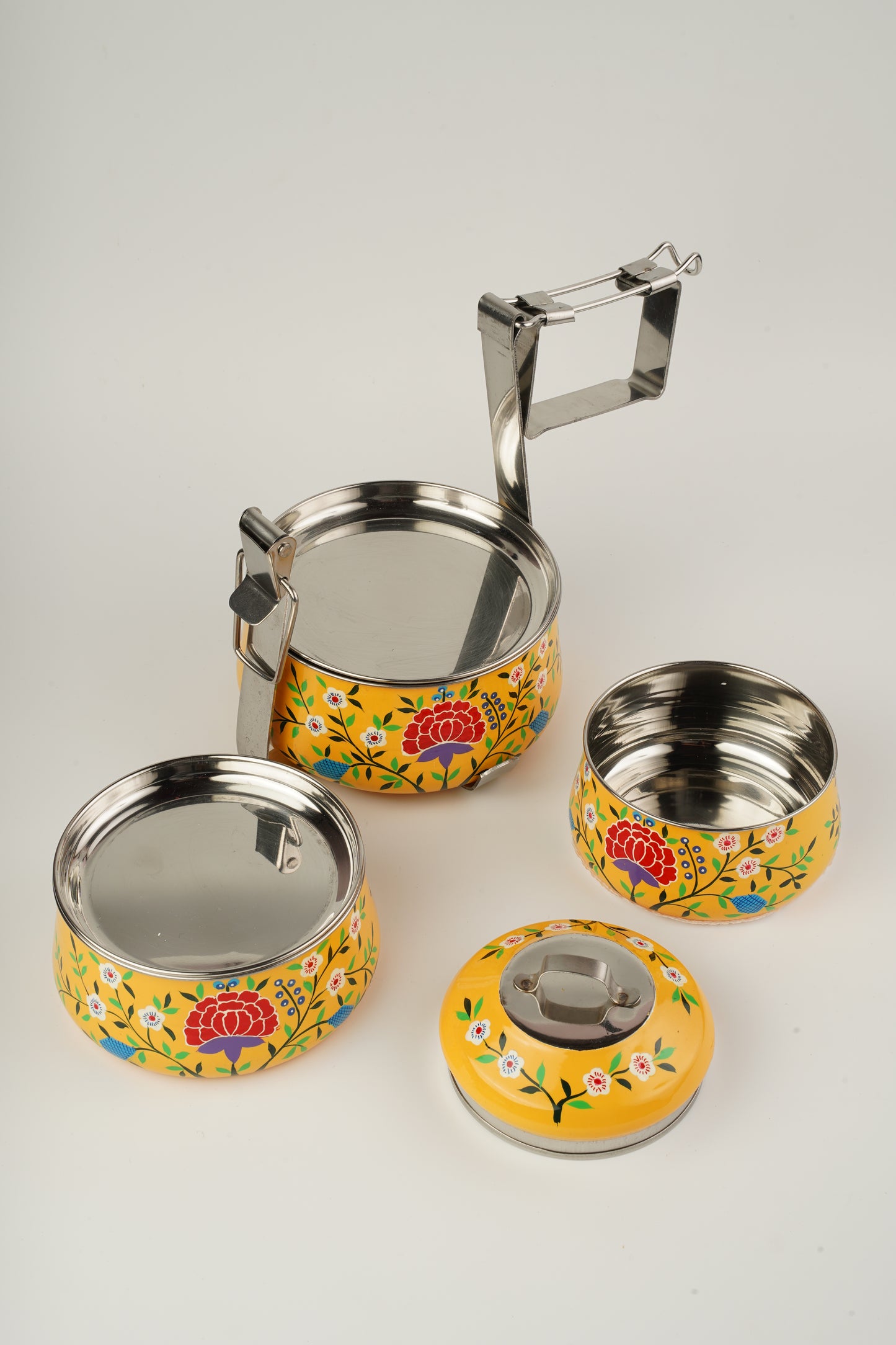 Yellow hand painted 3 Tier Stainless Steel Tiffin
