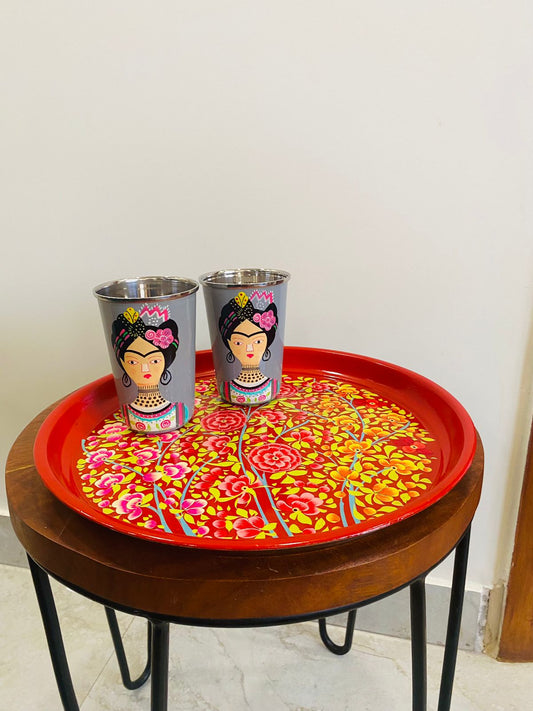 Red tray & Grey Frida glasses set of 2 combo