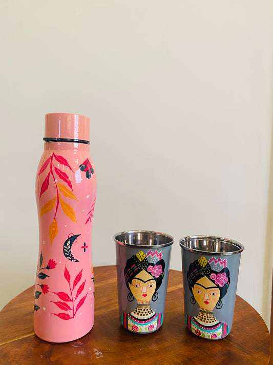 Blooming Pink water bottle & Grey Frida Glasses set of 2 combo