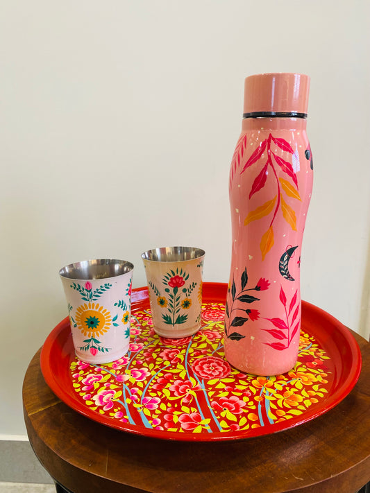 Blooming Pink Bottle, Red tray, white gardenia glasses set of 2 combo