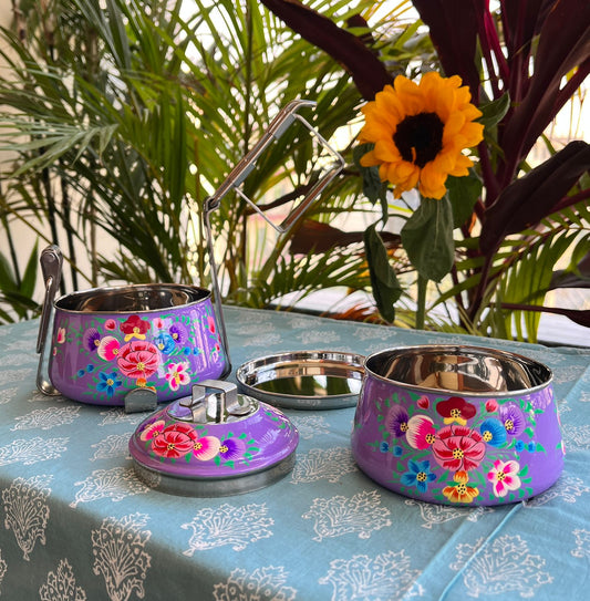 Purple hand painted 2 Tier Stainless Steel Tiffin