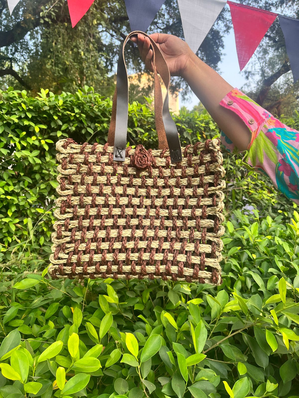 Handmade Sabai Grass Mesh Bag - Brown and Natural