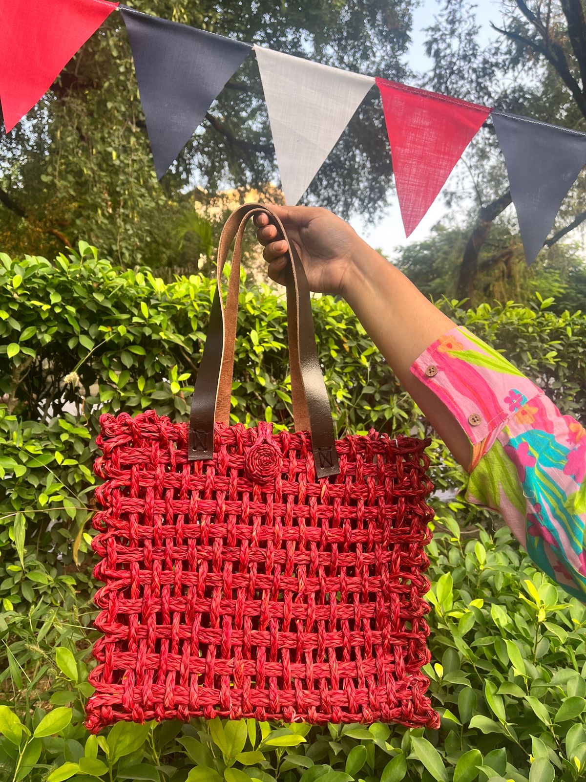 Handmade Sabai Grass Mesh Bag - Red