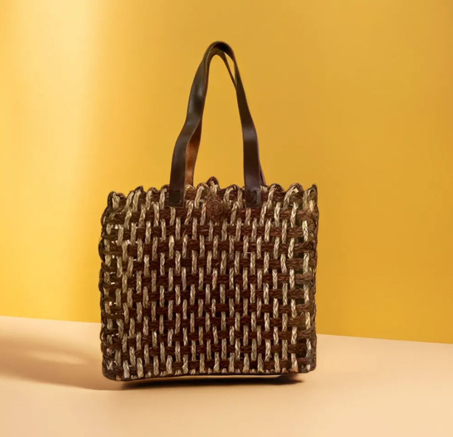 Handmade Sabai Grass Mesh Bag - Brown and Natural