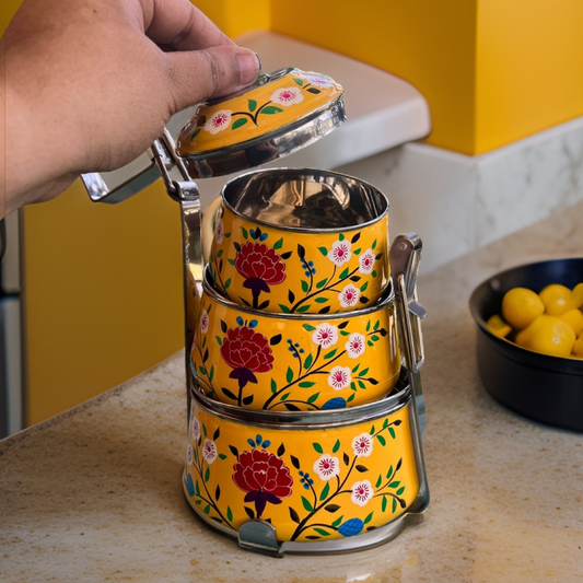 Yellow hand painted 3 Tier Stainless Steel Tiffin