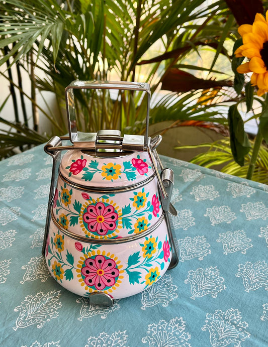 White hand painted 2 Tier Stainless Steel Tiffin